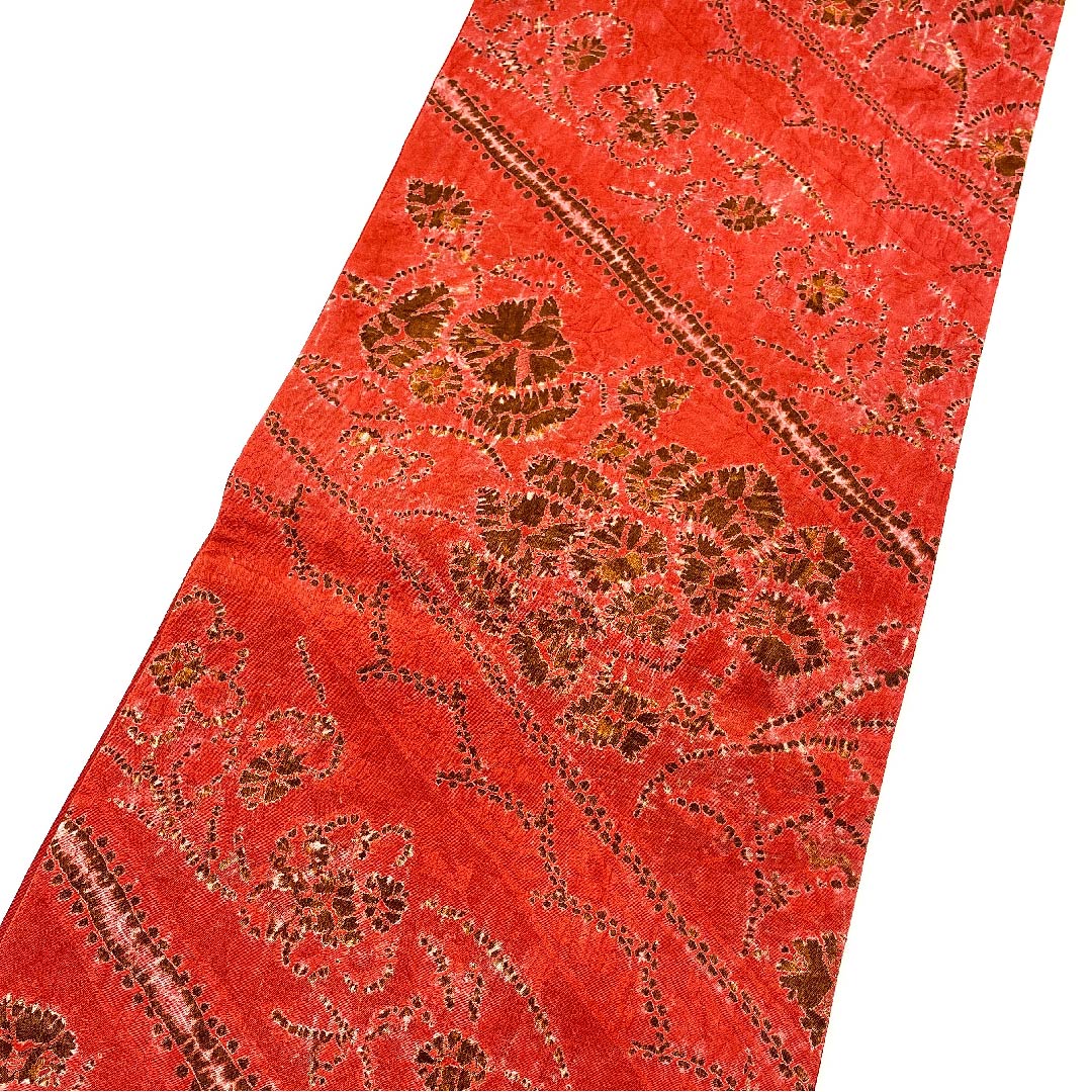 袋帯 紅絹色(もみいろ) 絞り 蔦の葉文 帯丈428cm 正絹 Aランク 六通 カジュアル 赤系 1123002813312