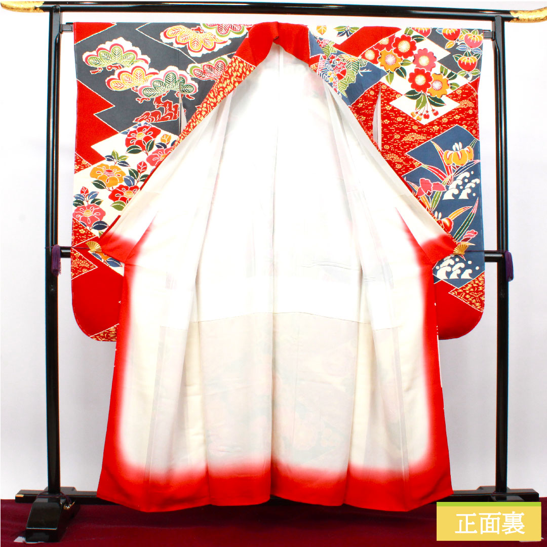 振袖 正絹 身丈157.5cm 裄丈66.5cm 袷 猩々緋色 栗山吉三郎 京紅型 吉祥文様 しつけ糸付き 未使用品 Sランク 赤系 1113001842312