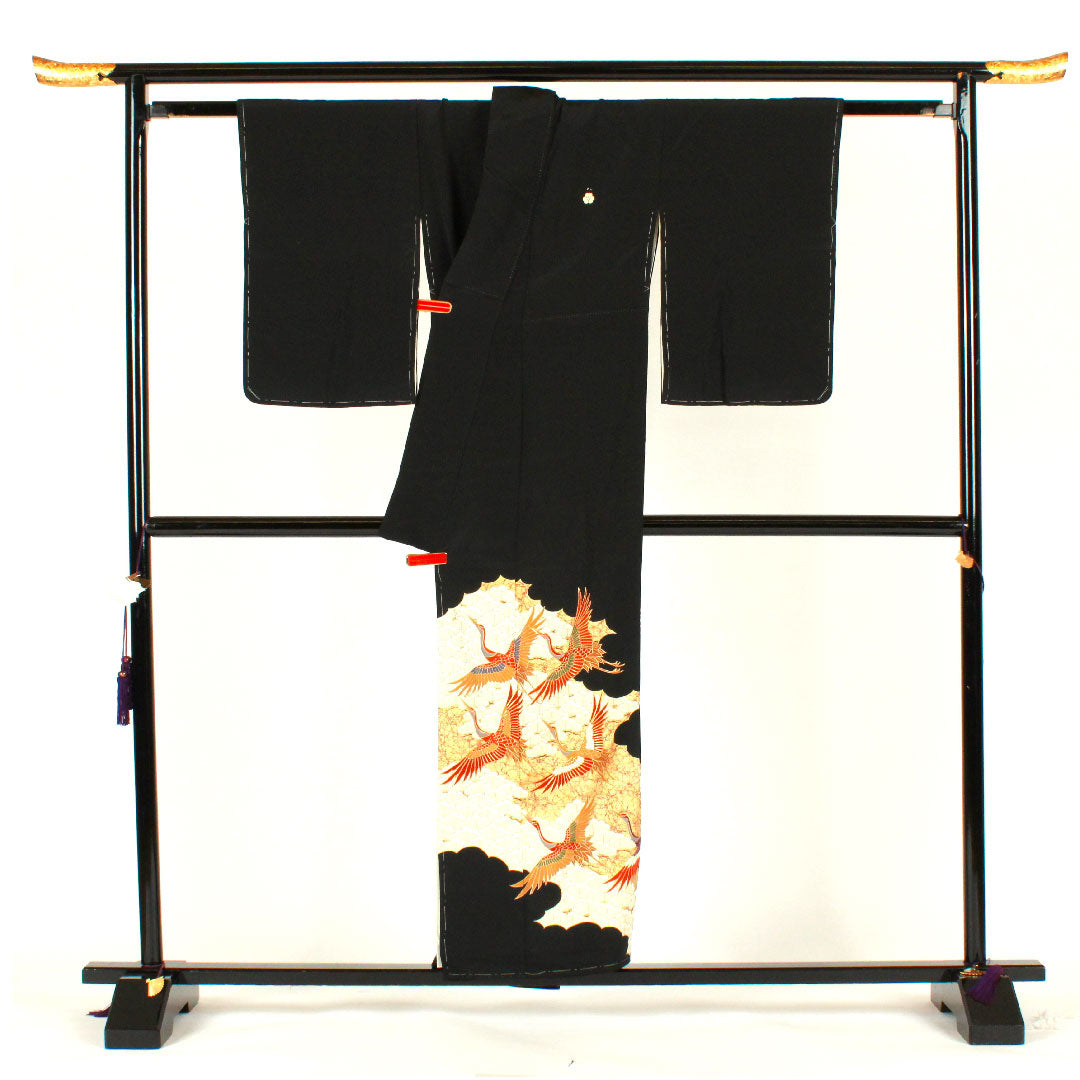 黒留袖 身丈155.5cm 裄丈61.5cm 袷 京友禅 鶴 片喰 正絹 Bランク 五つ紋 黒系 1111000344310