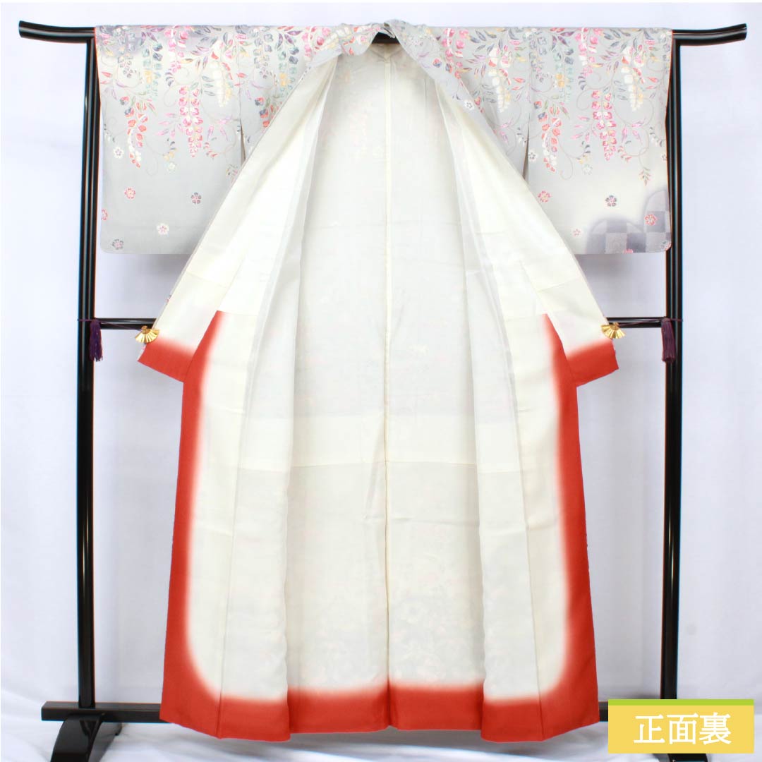 訪問着 正絹 Sランク 袷 身丈160cm 裄丈64cm 京友禅 藤 桜 グレー系 1112006302422