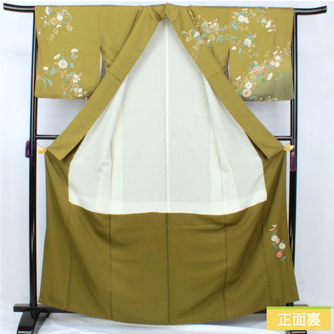 訪問着 正絹 Aランク 袷 身丈162cm 裄丈60.5cm 威光茶色(いこうちゃいろ) 京友禅 草花 緑系 1112007593419