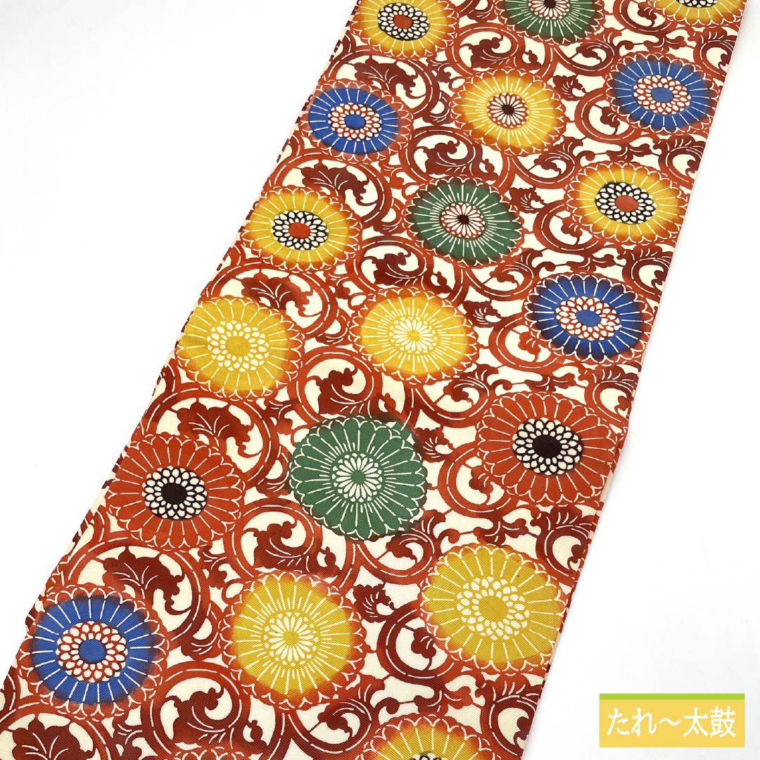 名古屋帯 生成り色(きなりいろ) 型染 菊唐草 帯丈358cm 正絹 Sランク 六通 カジュアル 白系 1124007782311 名古屋仕立て