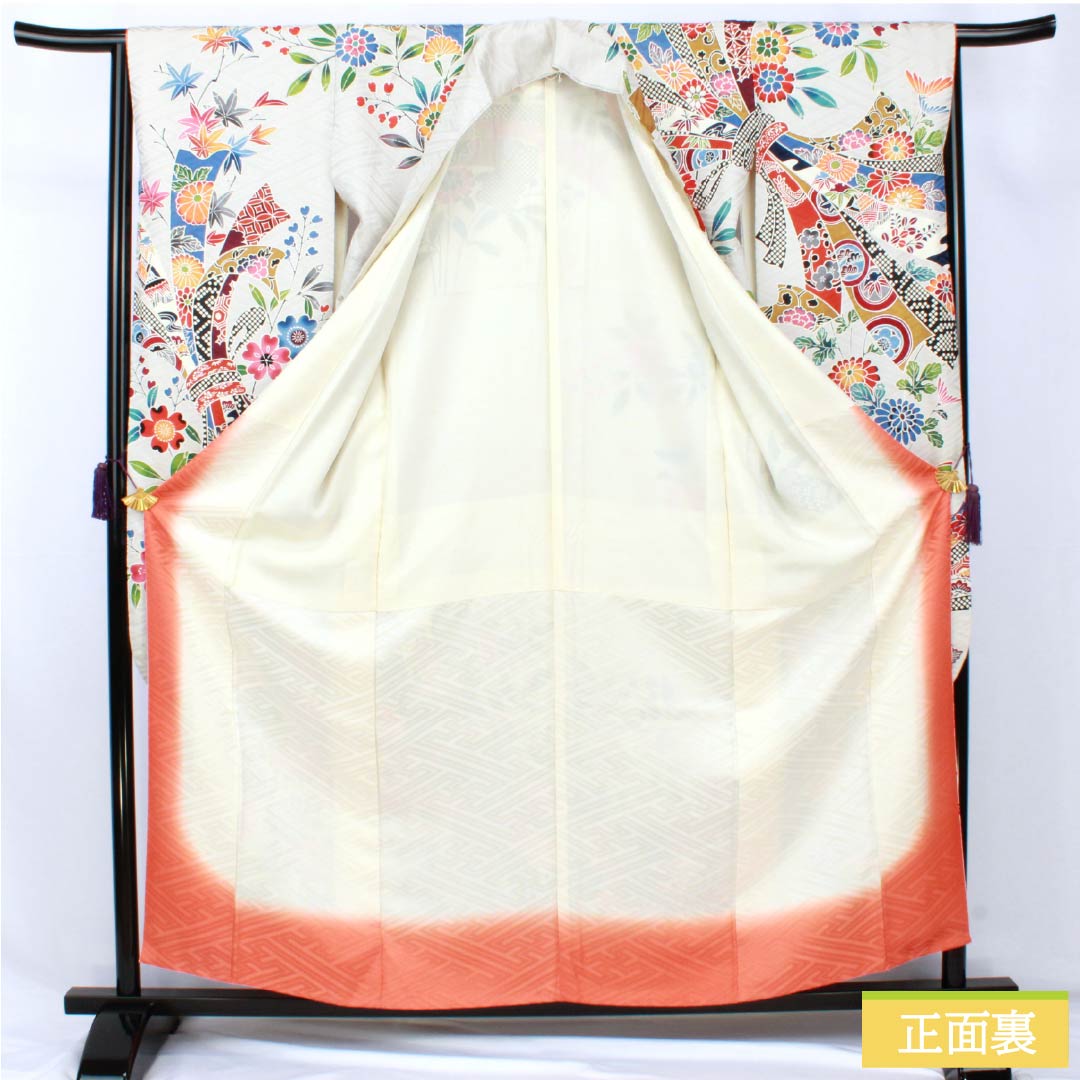 振袖 正絹 Sランク 身丈160.5cm 裄丈64cm 袷 銀白色(ぎんはくしょく) 京友禅 束ね熨斗 紗綾形 グレー系 1113002462422