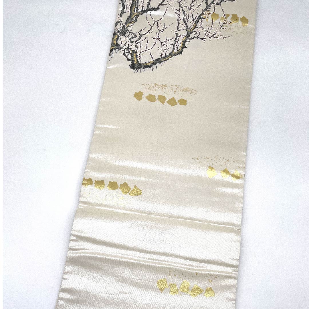 袋帯 白色 浅山織物 真珠本金箔 梅柄 帯丈444cm 正絹 Sランク 六通 フォーマル 白系 1123009352311