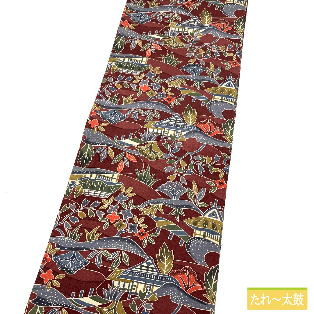 Nagoya Obi Silk S Rank Shitan (dark reddish-brown) Stenciled Landscape Pattern Chirimen Fabric Obi Length 398cm All-Over Casual Brown 1124011552414 Open-Ended