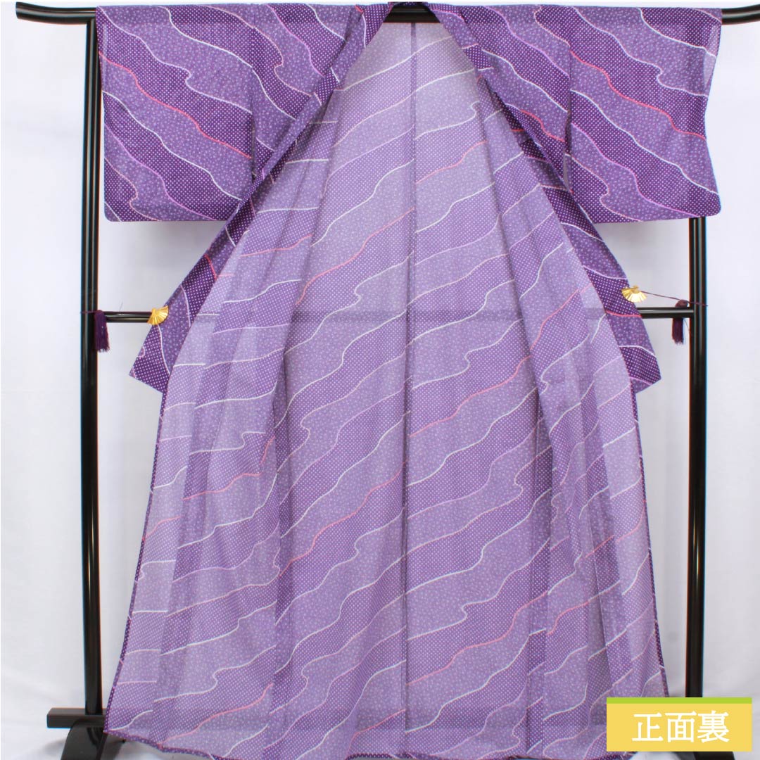 夏物 ポリエステル 小紋 身丈167.5cm 裄丈68.5cm 紫色(むらさきいろ) 小花模様 道長取り 洗える着物 絽 Sランク 紫系 1132002522520