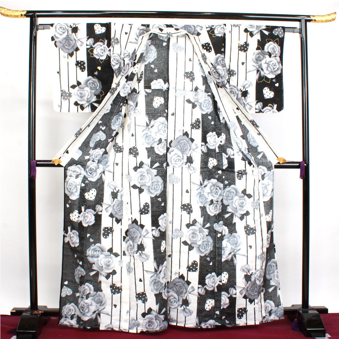 浴衣 しつけ糸付き 未使用品 モノトーン 薔薇 ハート 木綿 Sランク 単衣 身丈165.5cm 裄丈66cm グラデーション系 1118002902599