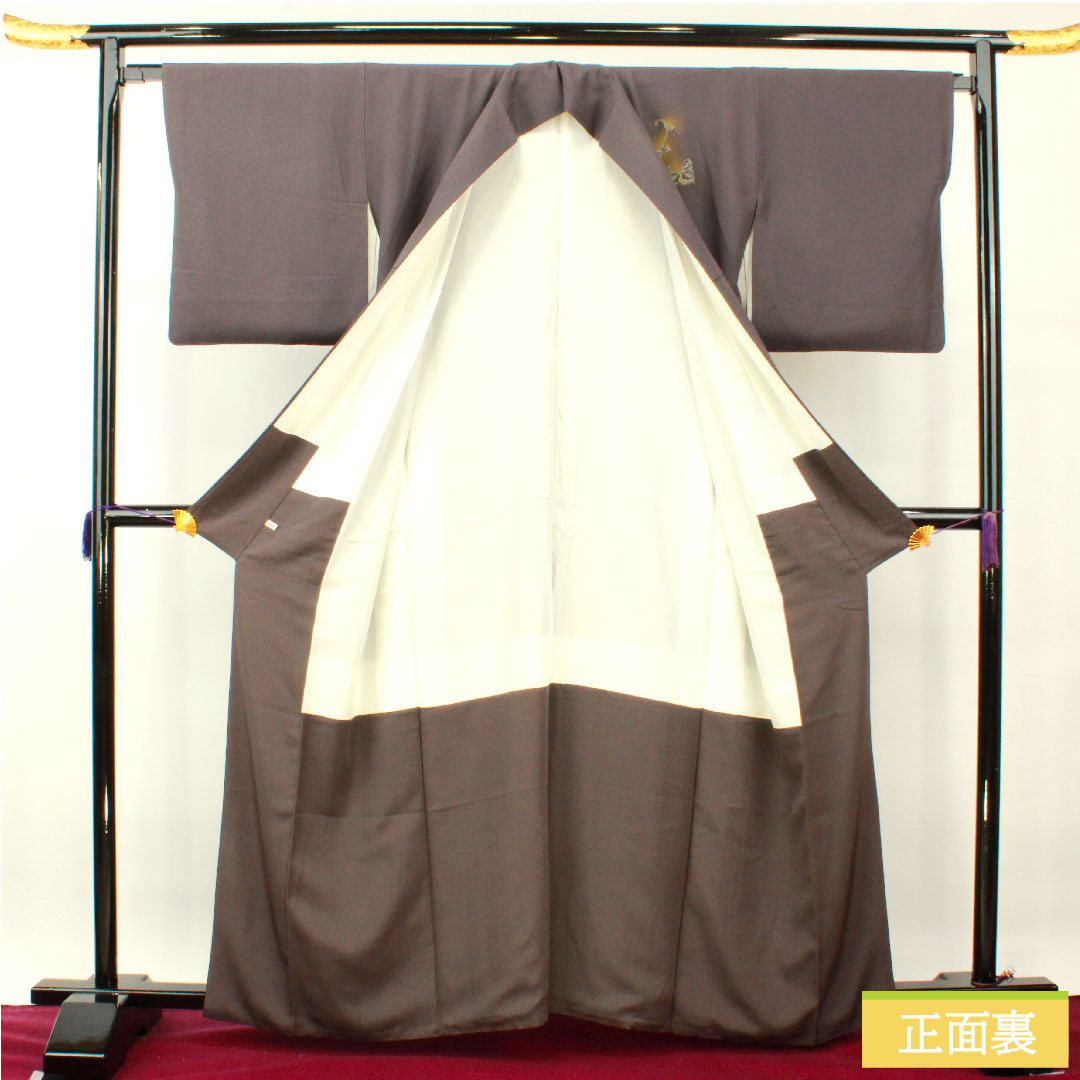 訪問着 正絹 袷 身丈161cm 裄丈66.5cm 黝色(ゆうしょく) 京友禅 蝶 蔦 流水 Sランク グレー系 1112004162422