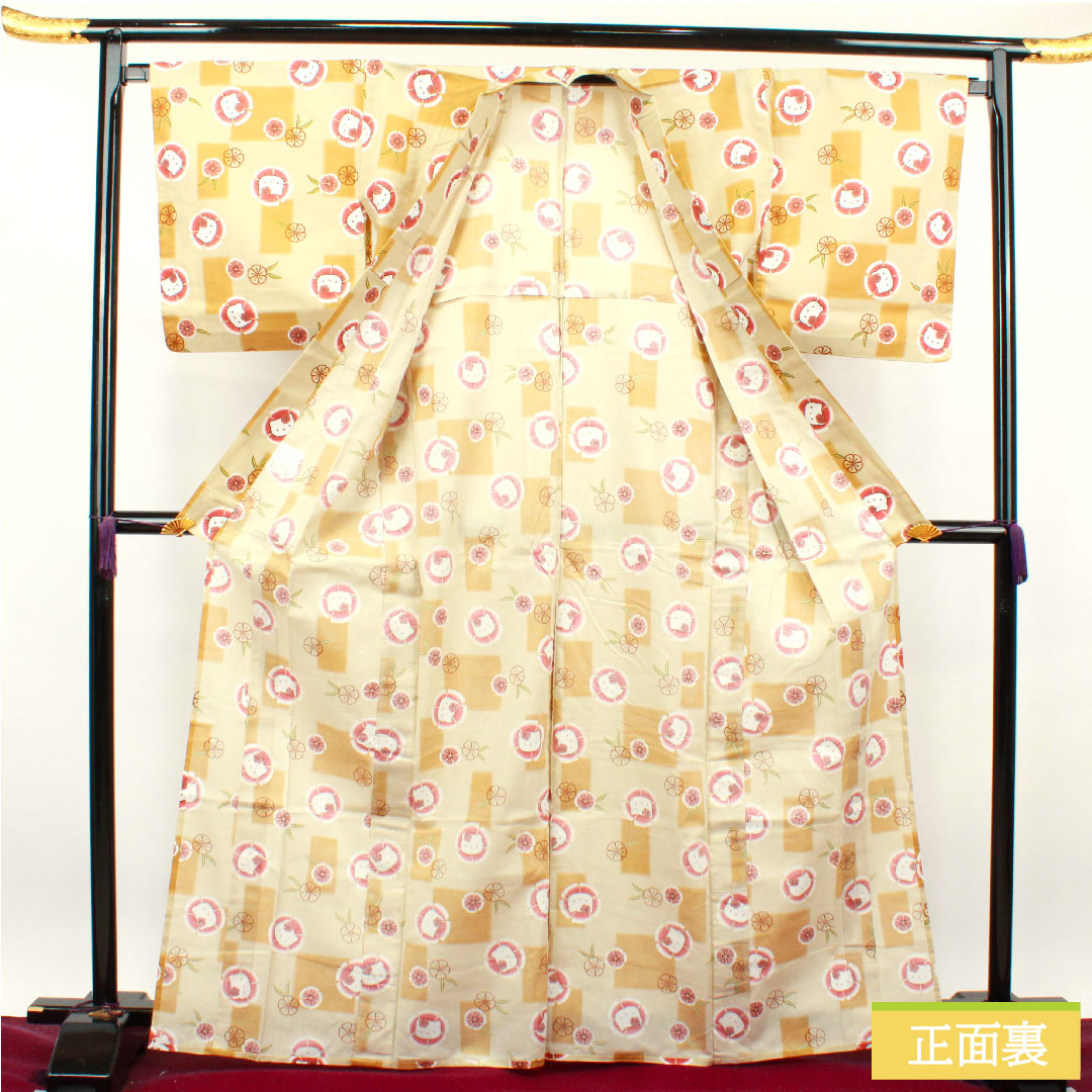 Yukata Cotton Length 167.5cm Sleeve length 68cm S rank Single layer Beige Sobakiri color Hello Kitty Nadeshiko 1118004832525
