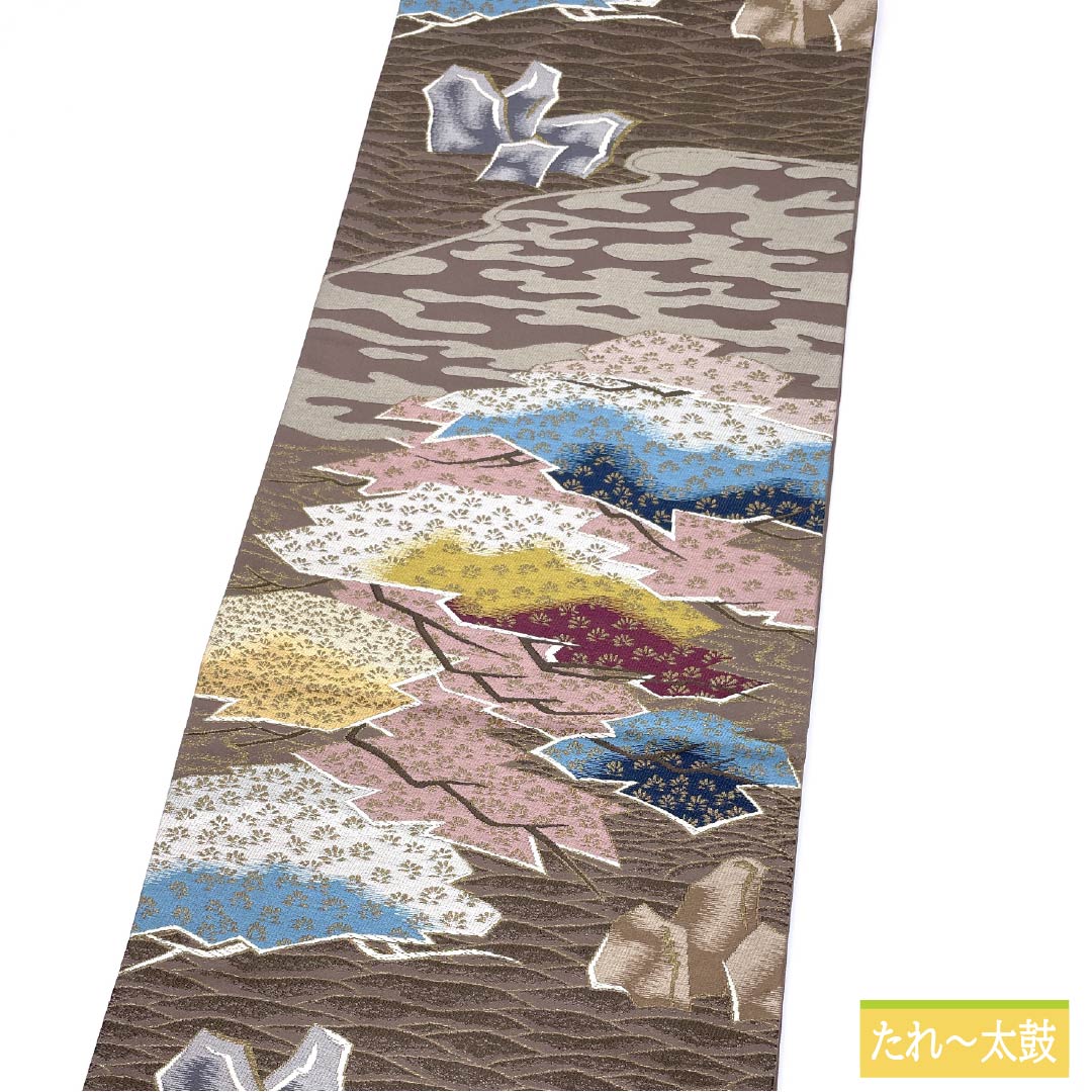 Fukuro Obi, pure silk, Akatsuki Nezuiro (red gray), Shiraayaen Oba, pine, rock garden, obi length 434cm, S rank, six-pass, formal, gradation style, 1123013312399