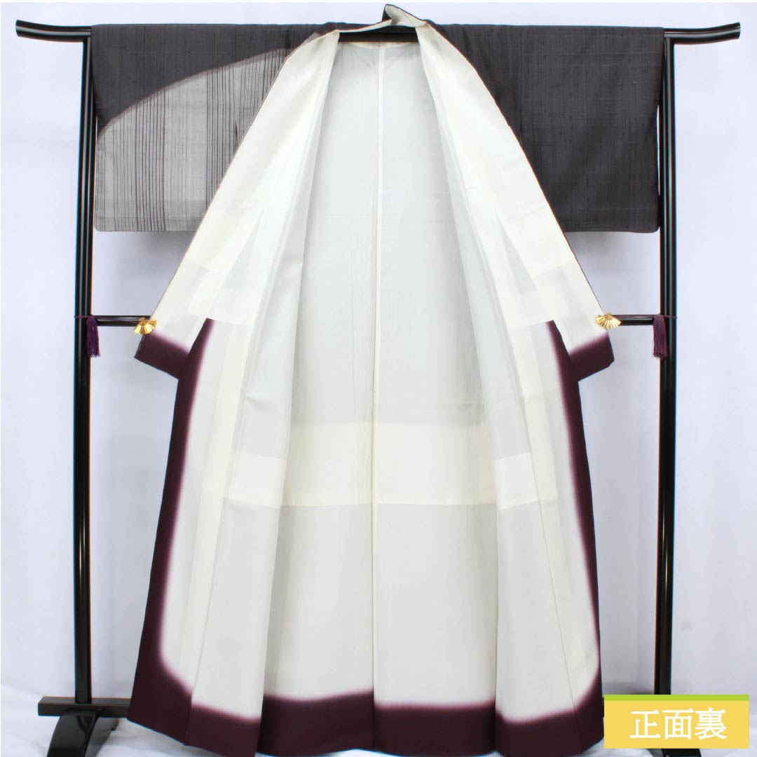 訪問着 正絹 Aランク 袷 身丈164.5cm 裄丈64cm 黝色(ゆうしょく) 紬地 縞 グレー系 1112006643422