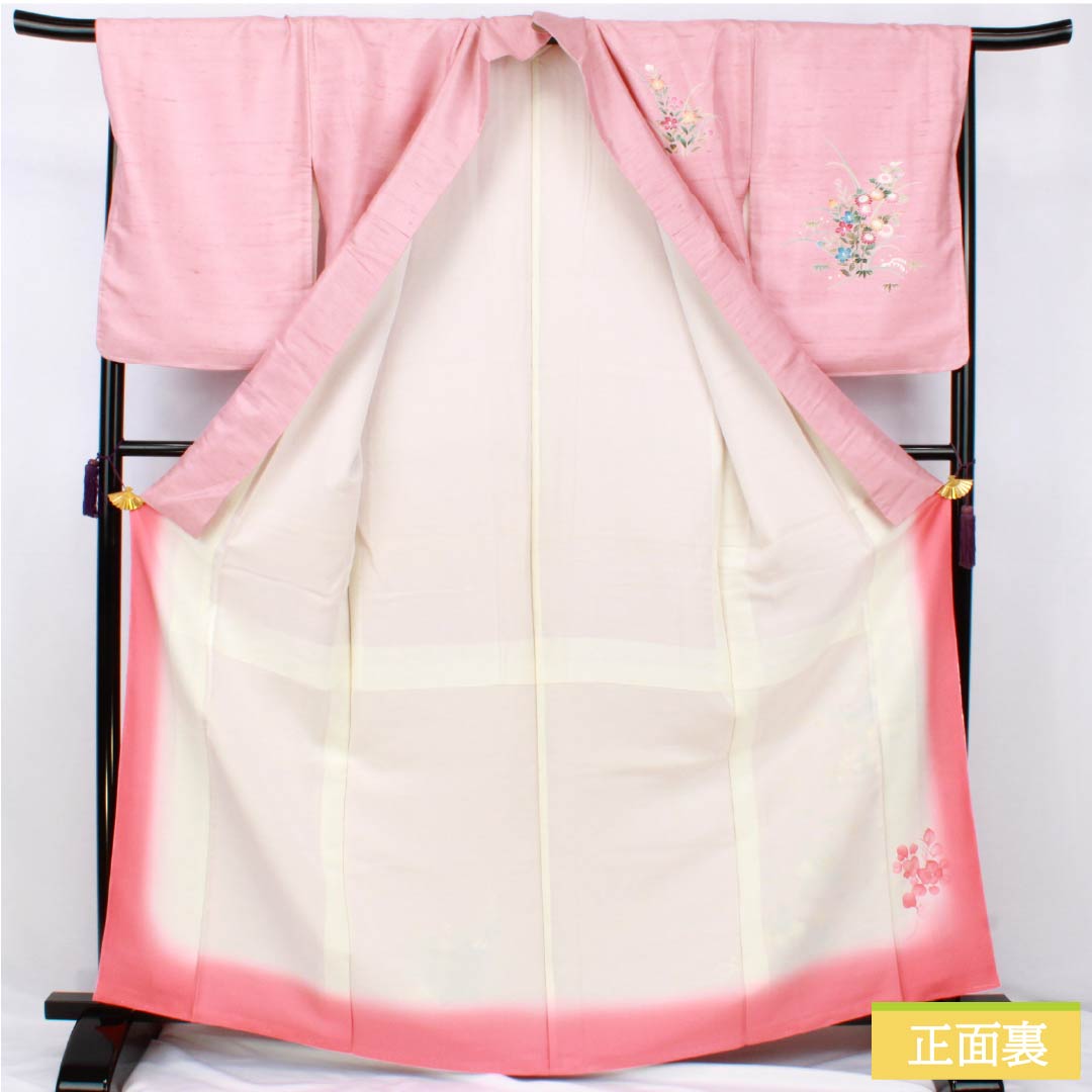 訪問着 正絹 Bランク 袷 身丈167cm 裄丈66cm 似桃色(にせももいろ) 牛首紬 京加賀友禅 付下げ 作家物 草花 ピンク系 1112007544513