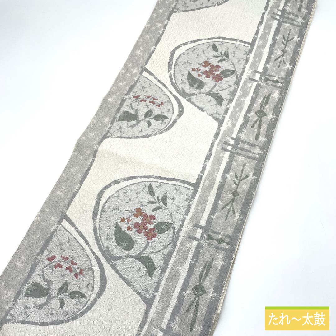 Nagoya obi, pearl color (shinjuiro), puffed weave, floral pattern, obi length 356cm, pure silk, S rank, six-pass, casual, silver, 1124007692322, Nagoya style