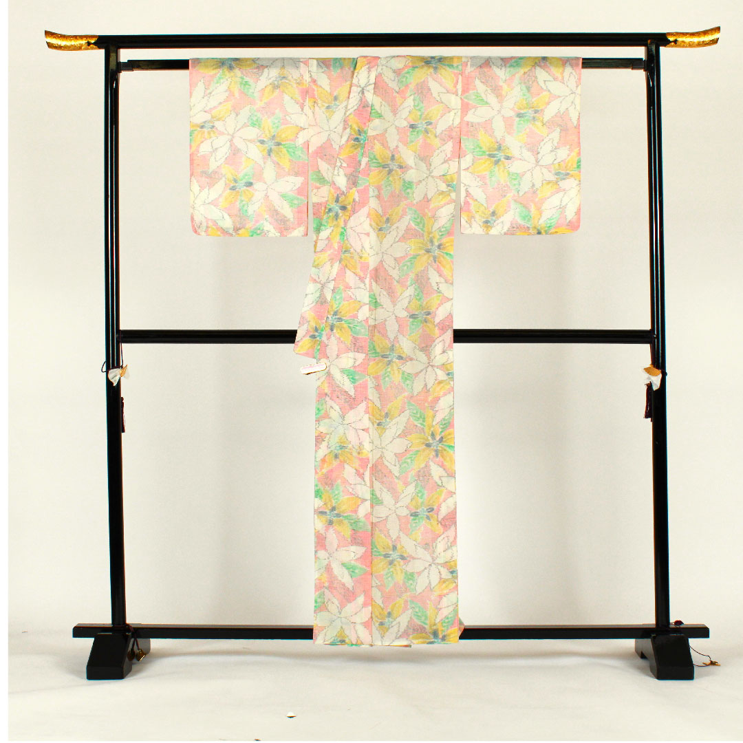紬 身丈161cm 裄丈64cm 草花模様 正絹 Sランク 単衣 ピンク系 1116001082313