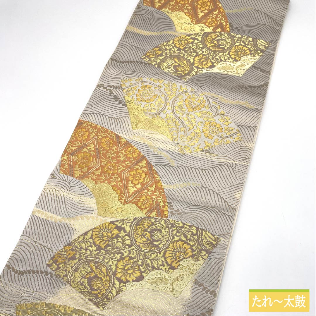 袋帯 正絹 雲井鼠色(くもいねずいろ) 留袖用 扇面 唐花 帯丈438cm Aランク 六通 フォーマル グレー系 1123014073322