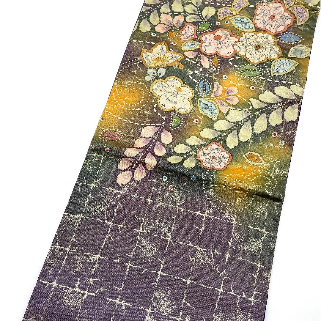 袋帯 藍色鳩羽色(あいいろはとばいろ) 辻ヶ花 ふくれ織 帯丈448cm 正絹 Aランク ポイント柄 フォーマル 紫系 1123005763320