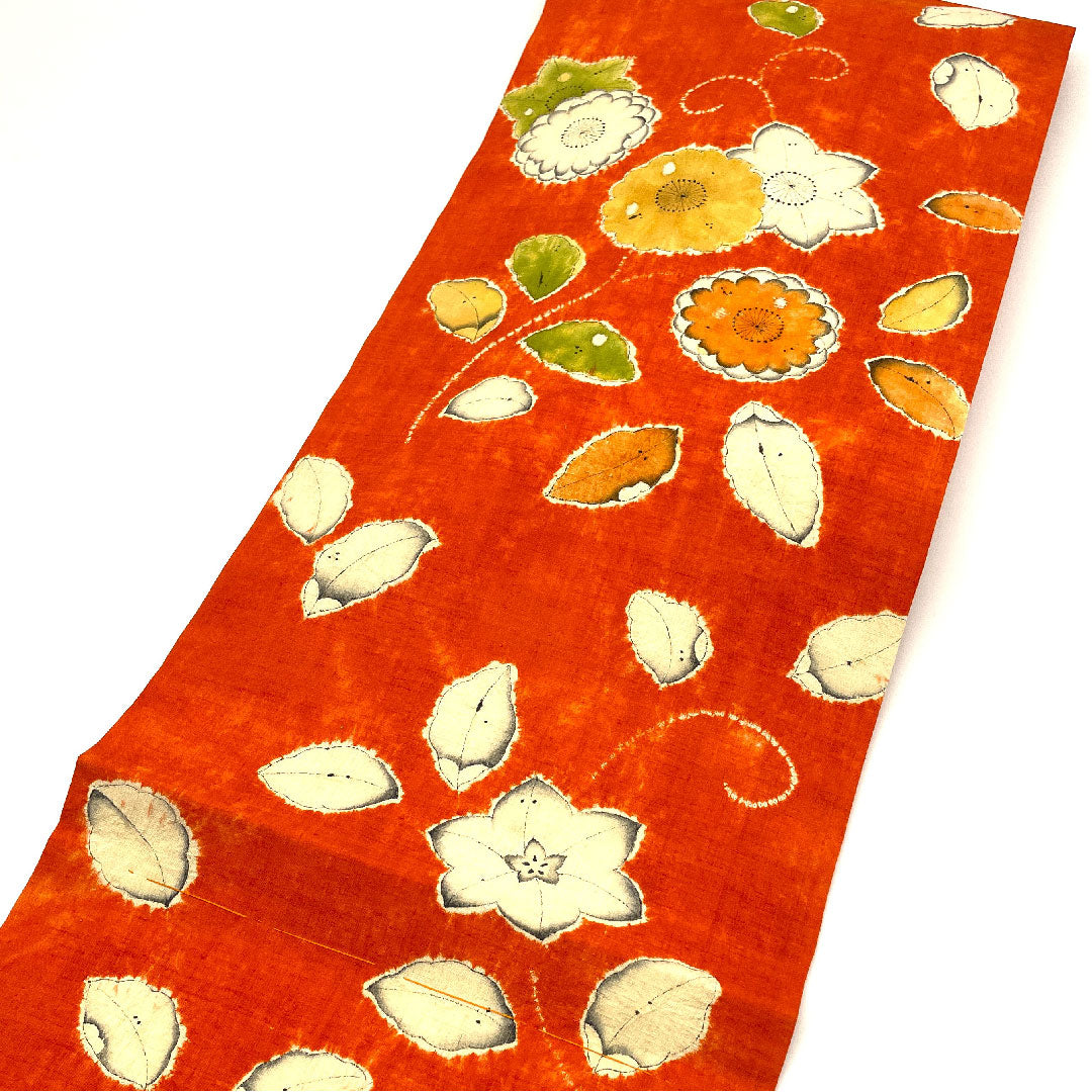 名古屋帯 辻ヶ花 染帯 帯丈352cm 正絹 Sランク 六通 カジュアル 朱系 1124001442316 名古屋仕立て