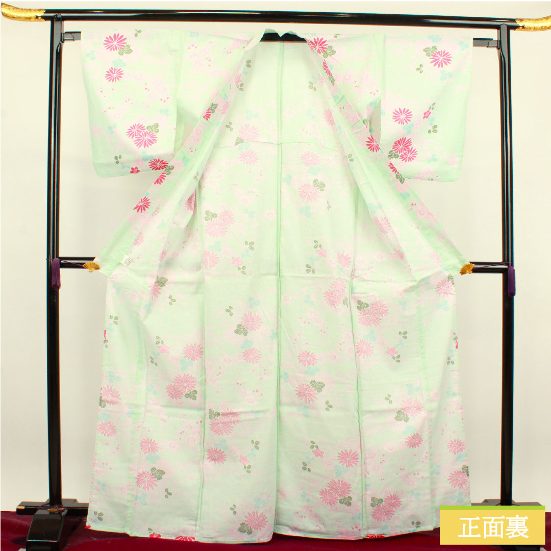 浴衣 木綿 身丈168.5cm 裄丈64cm Sランク 単衣 緑系 白緑色(びゃくろくいろ) 菊 桜 萩 1118004682519