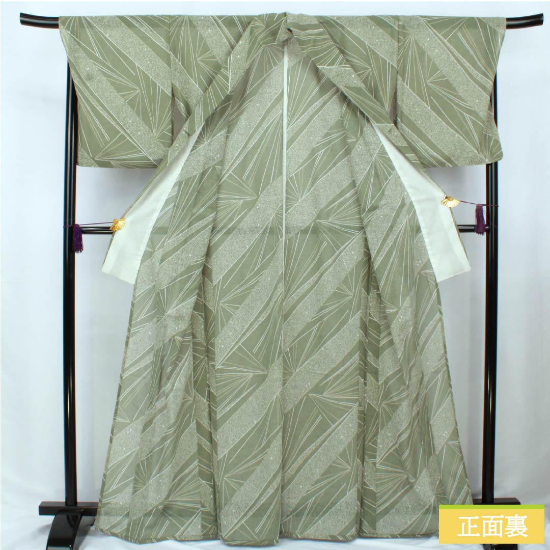 夏物 ポリエステル 小紋 身丈167cm 裄丈69.5cm 岩井茶色(いわいちゃいろ) 抽象模様 紗 Sランク 緑系 1132002392519