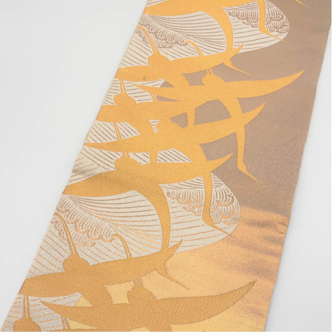 袋帯 金色 琳派鶴 流水 引箔 帯丈442cm 正絹 Aランク 全通 フォーマル 金系 1123005333321