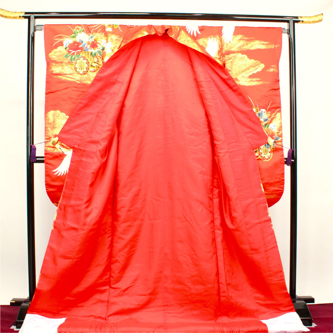 色打掛 身丈185cm 緋色 刺繡 花車 鶴 正絹 Bランク 袷 朱系 1110000264916