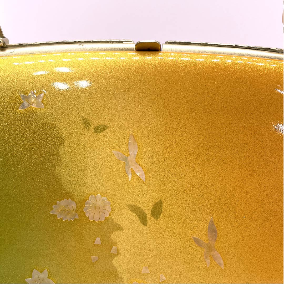 和装バック フォーマル 金茶色(きんちゃいろ) 苗色(なえいろ) 螺鈿細工 蝶々 橙系 Sランク 113900020226
