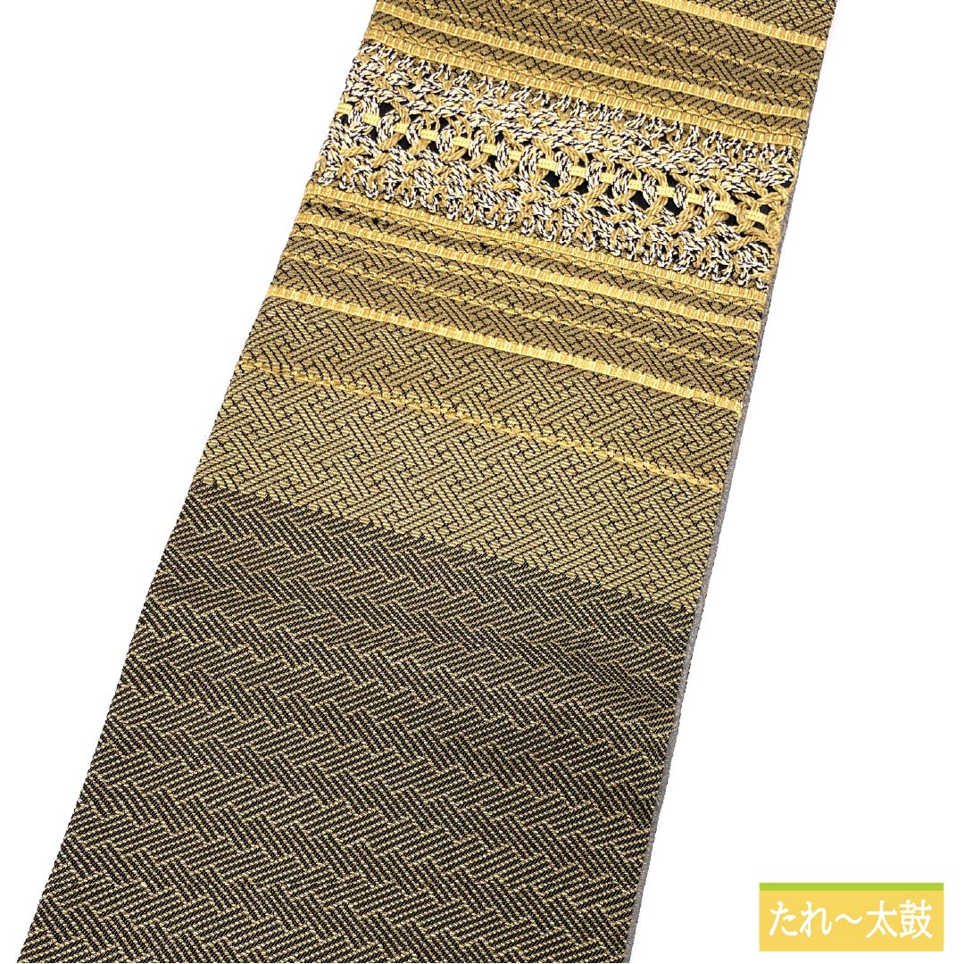 袋帯 正絹 組織り 幾何学模様 帯丈444cm Sランク ポイント柄 セミフォーマル 金系 1123014772321