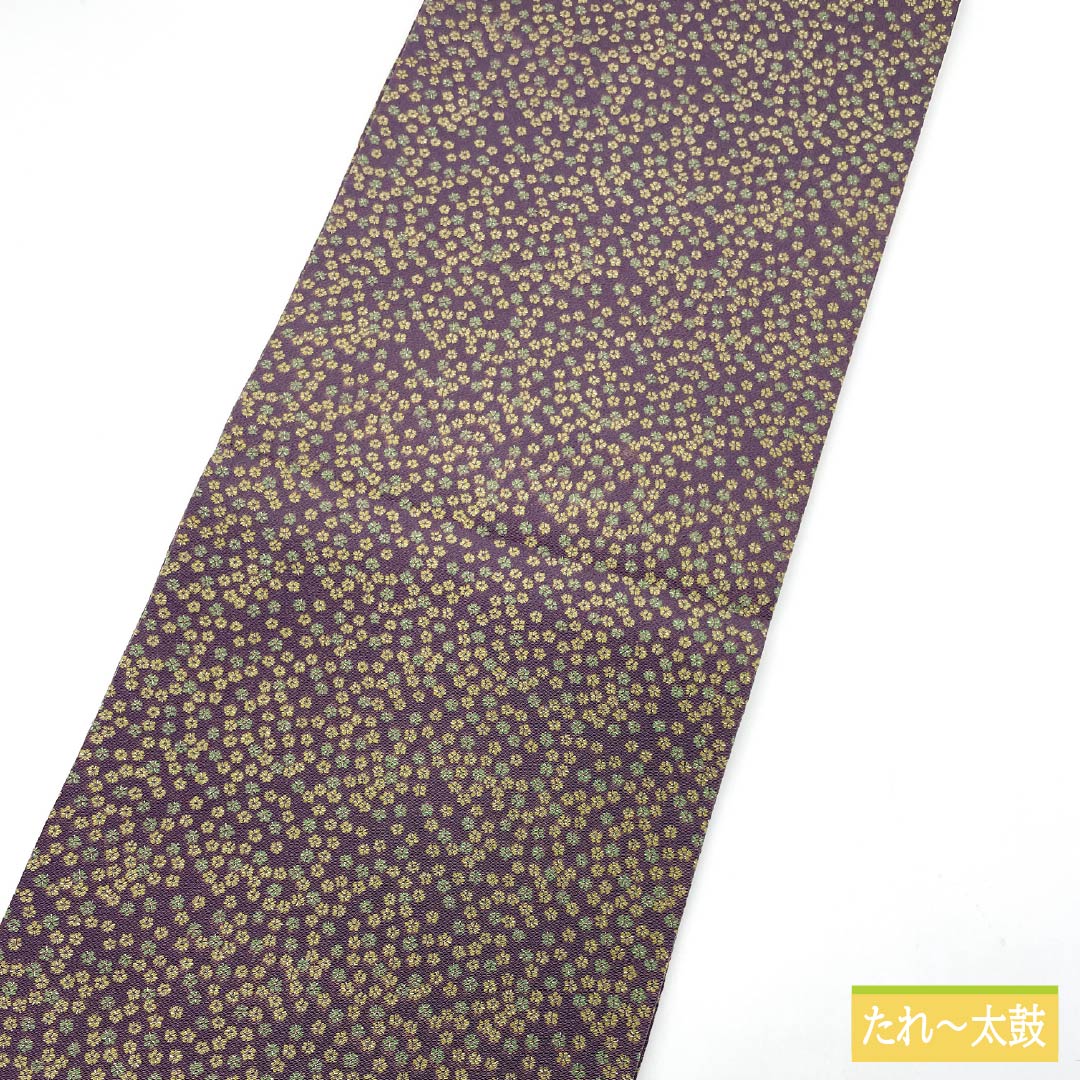 名古屋帯 滅紫色(けしむらさきいろ) 染め帯 ちりめん地 小花模様 帯丈354cm 正絹 Sランク 全通 カジュアル 紫系 1124008142320 開き仕立て