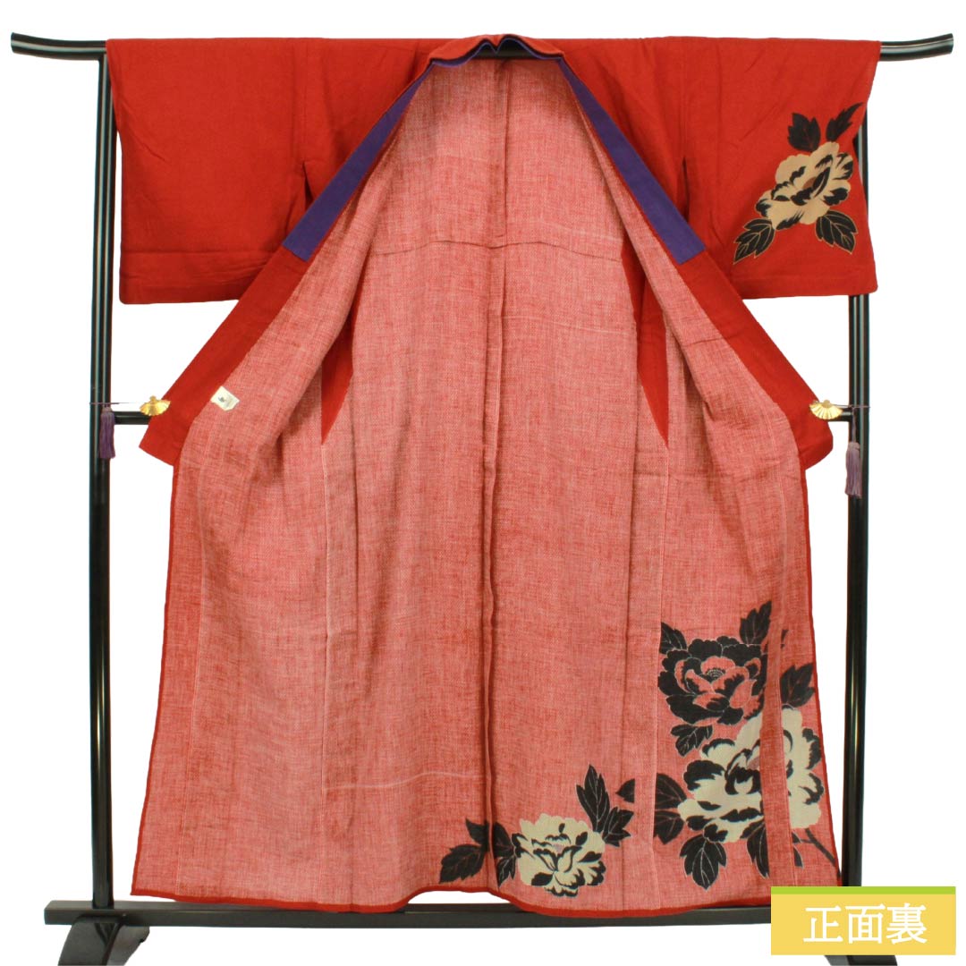 浴衣 木綿 Sランク 身丈157cm 裄丈68cm 紅絹色(もみいろ) コシノジュンコ 蚊絣 牡丹 単衣 赤系 1118007352312