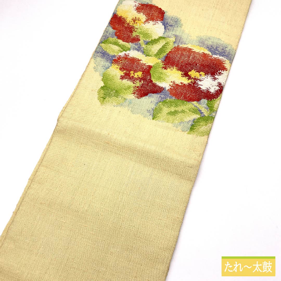 名古屋帯 魚子黄色(ぎょしこういろ) 紬地 花模様 帯丈359cm 正絹 Sランク ポイント柄 カジュアル 黄系 1124008182323 松葉仕立て