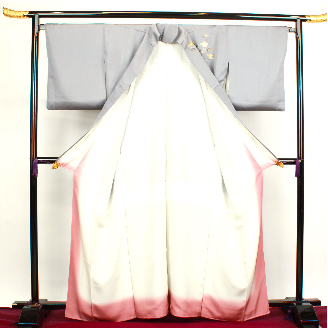 訪問着 袷 身丈163.5cm 裄丈67cm 鉛色 金彩加工 草花模様 正絹 Aランク グレー系 1112002603422