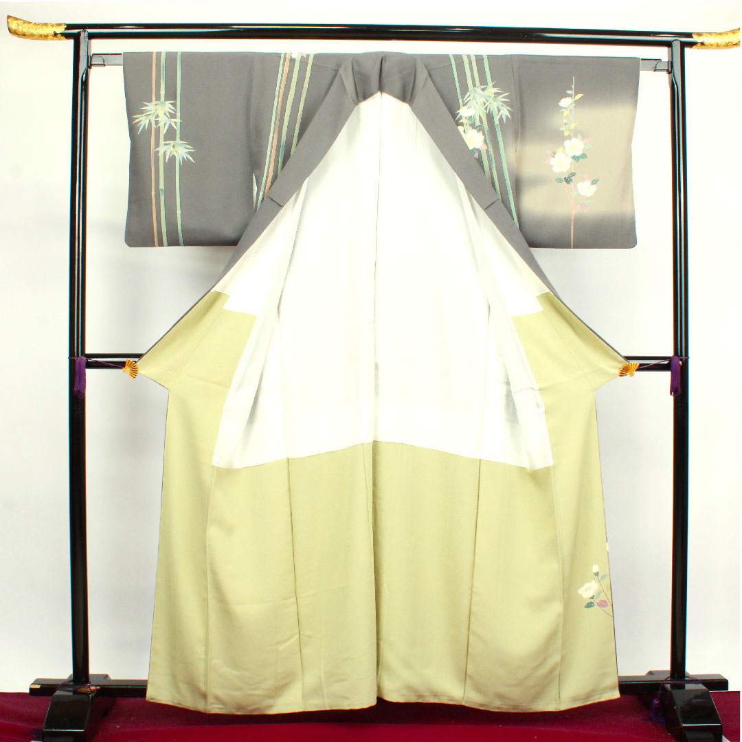 訪問着 袷 身丈160cm 裄丈63cm 素鼠色 作家物 加賀草木染 竹 梅 正絹 Aランク グレー系 1112002673422