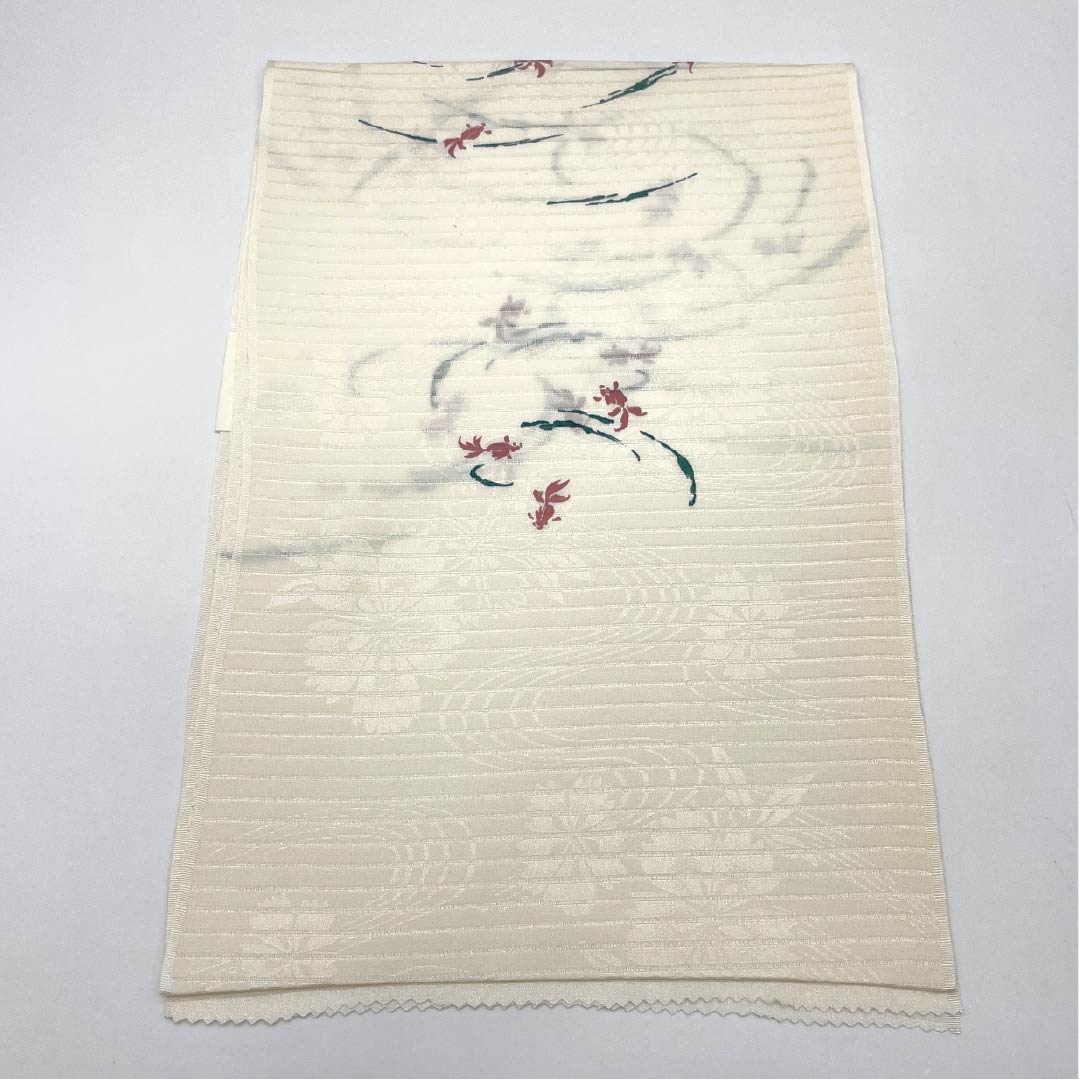 (新品)帯揚げ 正絹 セミフォーマル 乳白色(にゅうはくしょく) 夏物 金魚 古典柄 長さ約168cm 幅約27.5cm NEWランク 白系 1136000871911