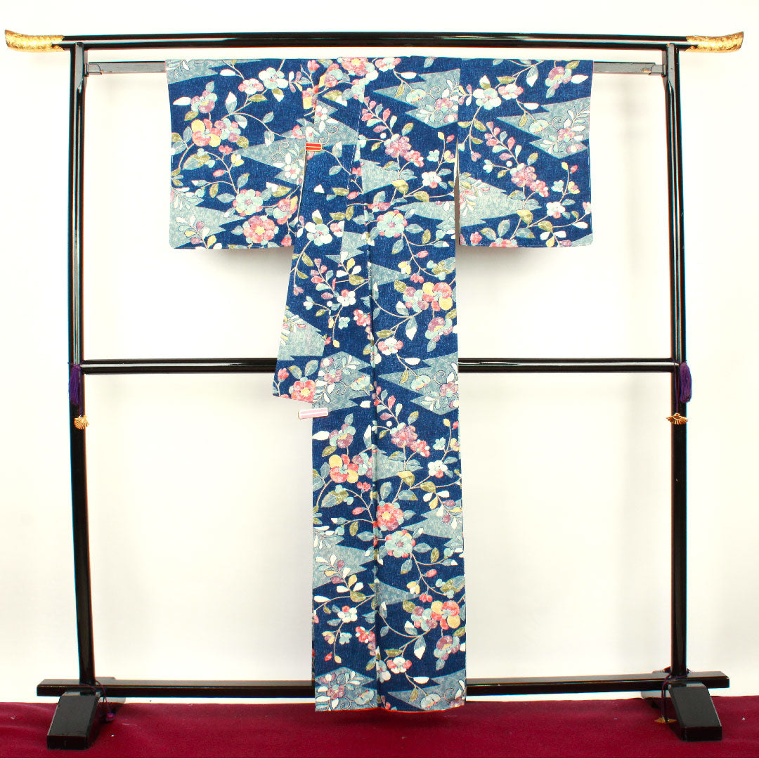 小紋 身丈158cm 裄丈64cm 袷 紺桔梗色 草花模様 正絹 Sランク 紺系 1115002512318