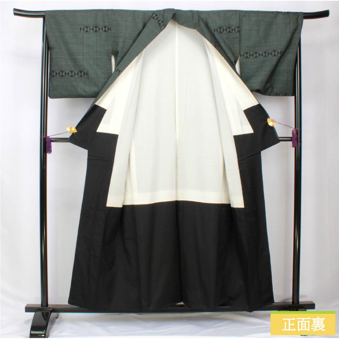 紬 正絹 Bランク 身丈156.5cm 裄丈66cm 島松鼠色(しままつねずいろ) 大島紬 一元絣 7マルキ 袷 緑系 1116004104319
