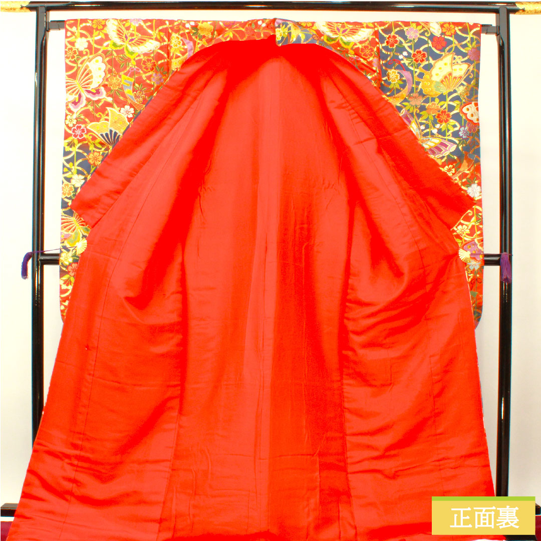 色打掛 正絹 身丈192cm 裄丈66cm 緋色(ひいろ) 唐織 蝶 草花模様 Sランク 袷 朱系 1110000872916