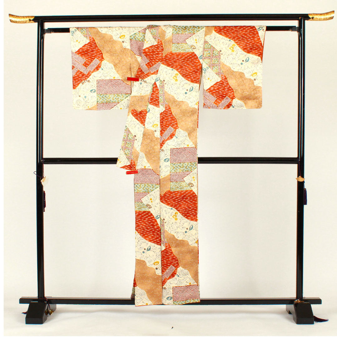 小紋 身丈157cm 裄丈65.5cm 袷 辻ヶ花 七宝 染疋田 正絹 Aランク クリーム系 1115001993315