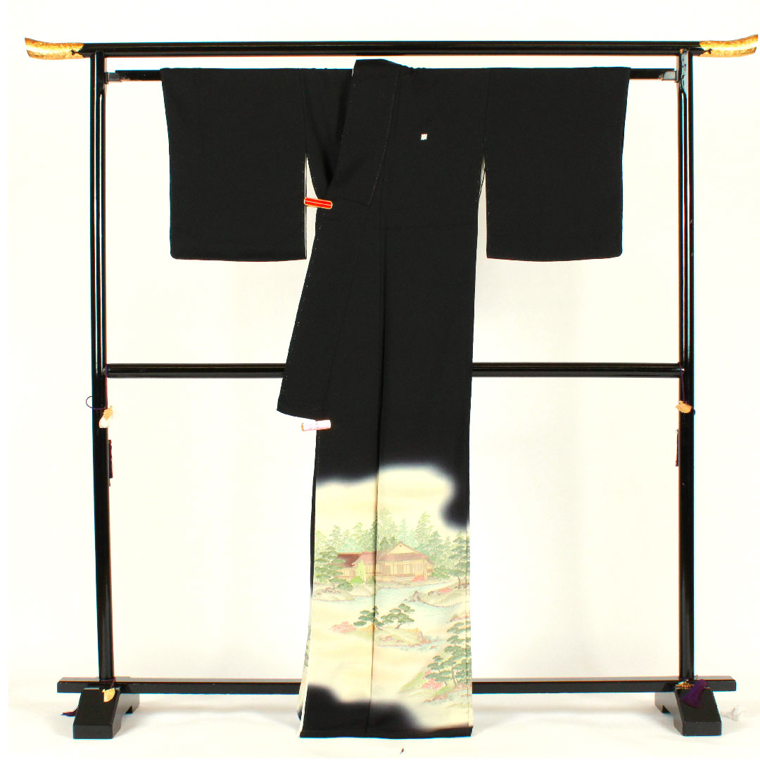 黒留袖 身丈170.5cm 裄丈67cm 袷 寿光織 風景模様 並び切り竹 正絹 Aランク 五つ紋 黒系 1111000303610