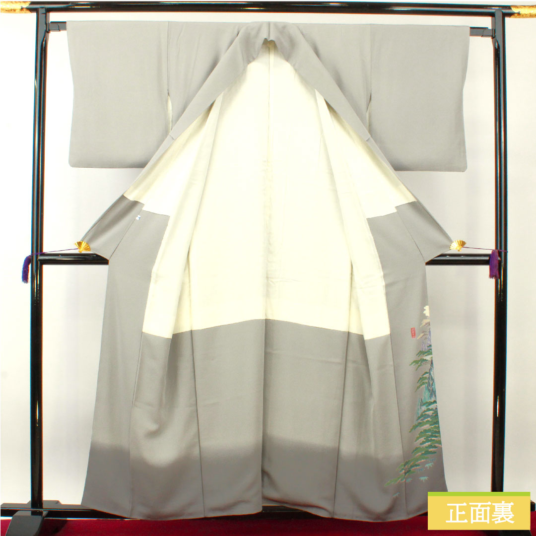 彩色留袖、纯丝、长度 157 厘米、袖长 63.5 厘米、衬里、锡色、风景图案、三个徽章、常春藤、艺术家的作品、飞騨高山、珍珠色调、A 等级、灰色、1111001363322