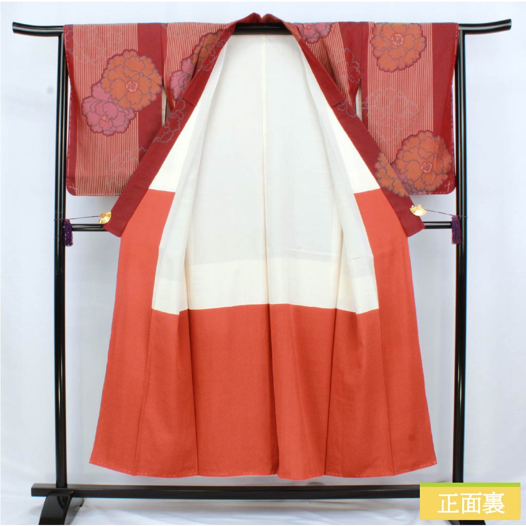 紬 正絹 Sランク 身丈151.5cm 裄丈64.5cm 皆紅色(かいこうしょく) 牡丹 お召 アンティーク 袷 赤系 1116004222212