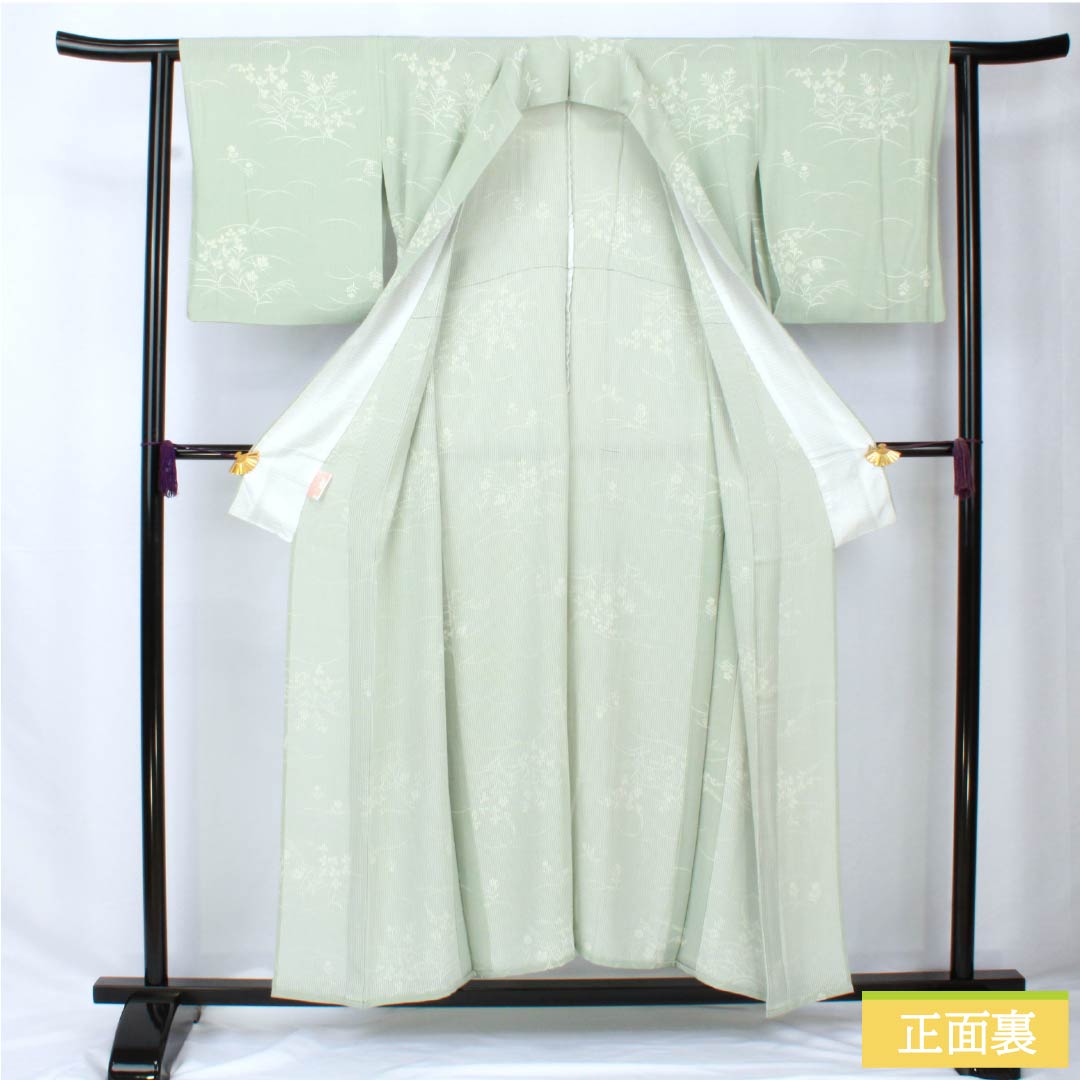 夏物 正絹 小紋 身丈153cm 裄丈62cm 白緑色(びゃくろくいろ) 京友禅 秋草 三松シルクケア 絽 Aランク 緑系 1132002093219