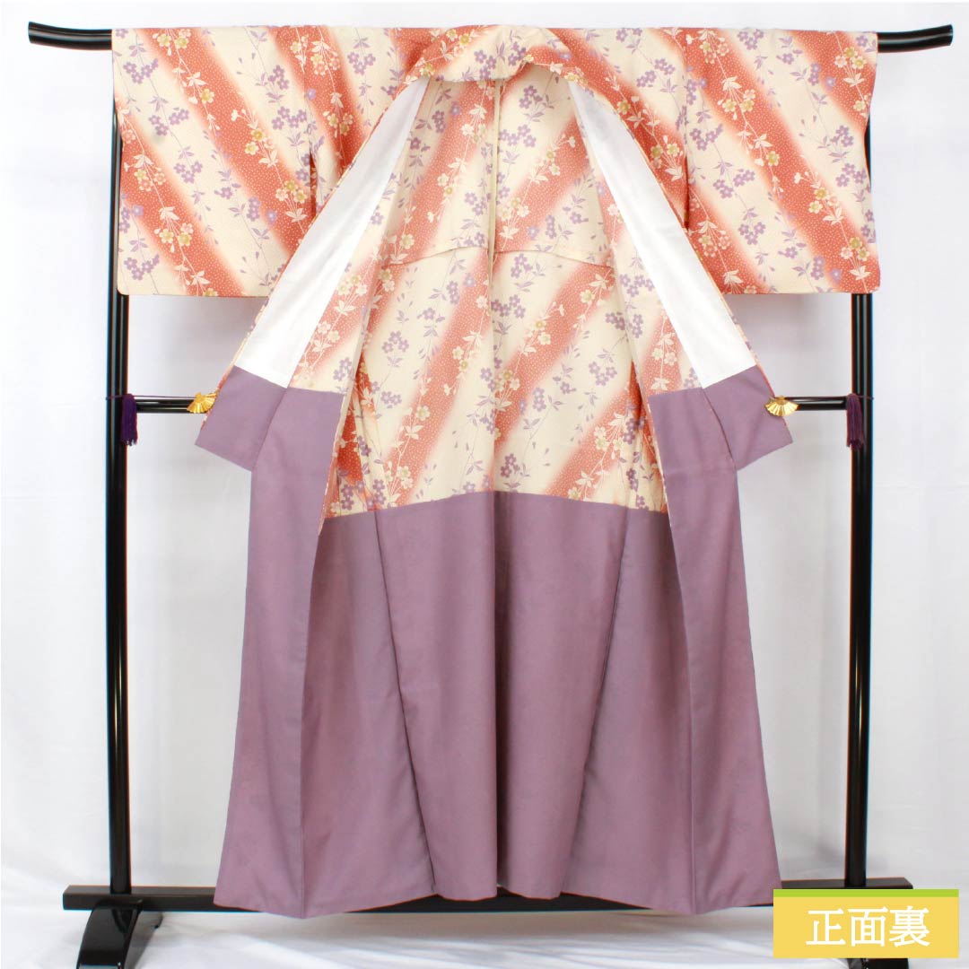 小紋 ポリエステル 身丈155.5cm 裄丈68.5cm 袷 生成り色(きなりいろ) 赤錆色(あかさびいろ) 洗える着物 桜 胴抜き Sランク グラデーション系 1115005092399