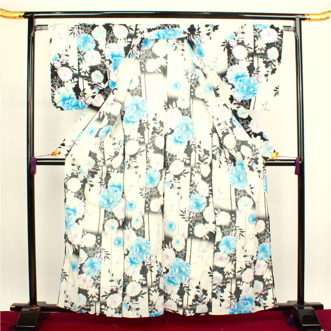 浴衣 モノトーン 桜 市松 木綿 Aランク 単衣 身丈163cm 裄丈65.5cm 白系 1118001633411