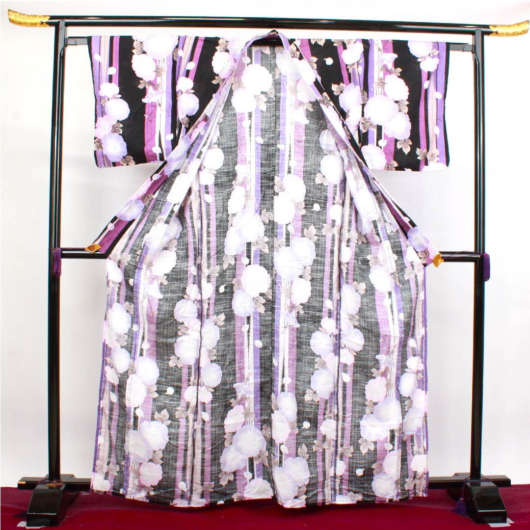 浴衣 黒色 朝顔 木綿 Sランク 単衣 身丈163.5cm 裄丈62.5cm 黒系 1118004092410