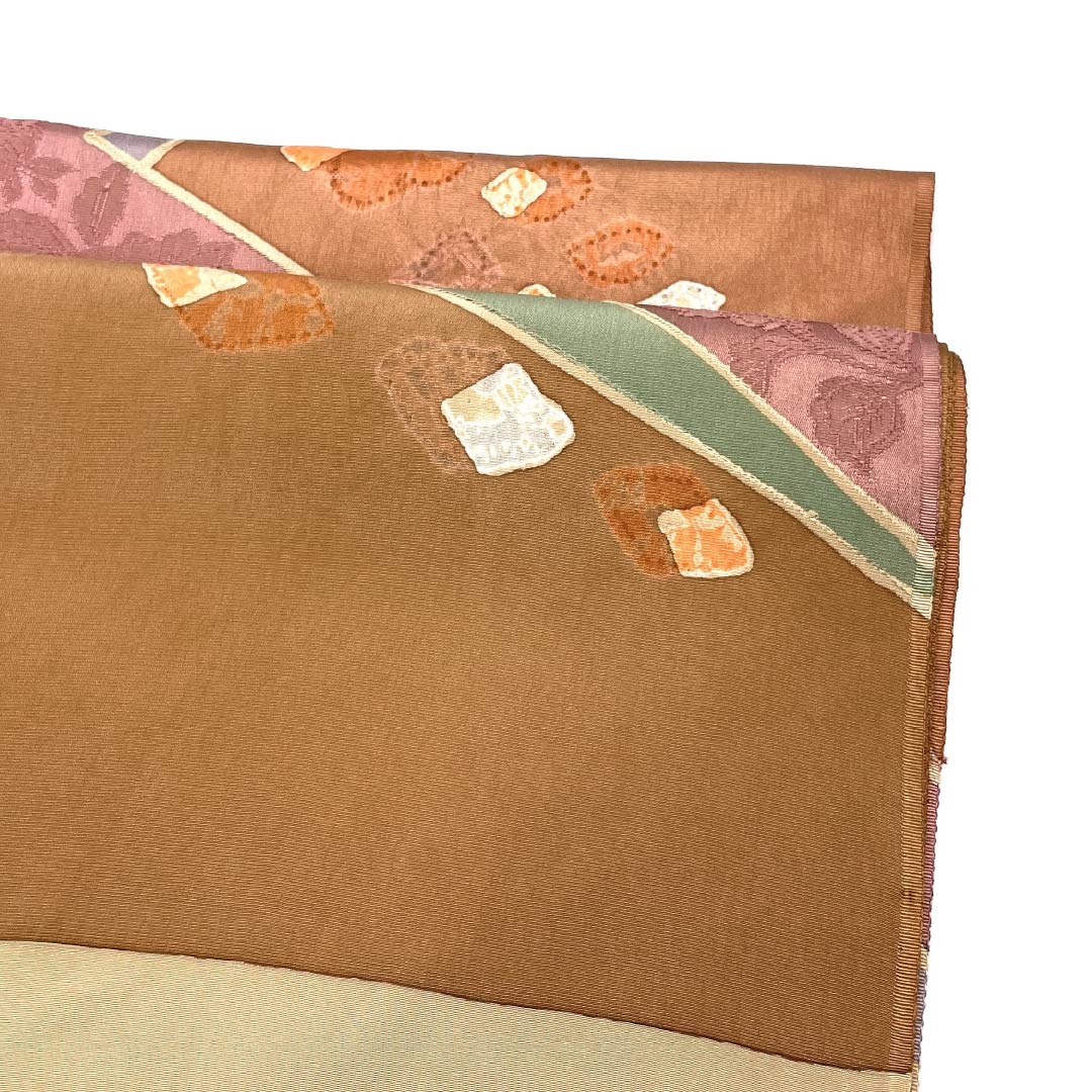 Obiage, pure silk, A rank, semi-formal, camel, abstract pattern, floral, length approx. 177cm, width approx. 30cm, brown tones, 1136004333914