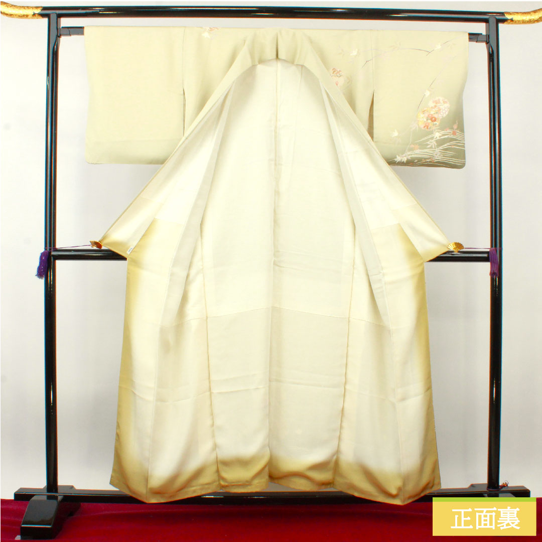 訪問着 袷 身丈155cm 裄丈63cm 利休白茶色 京友禅 吉祥文様 正絹 Sランク 緑系 1112003902319