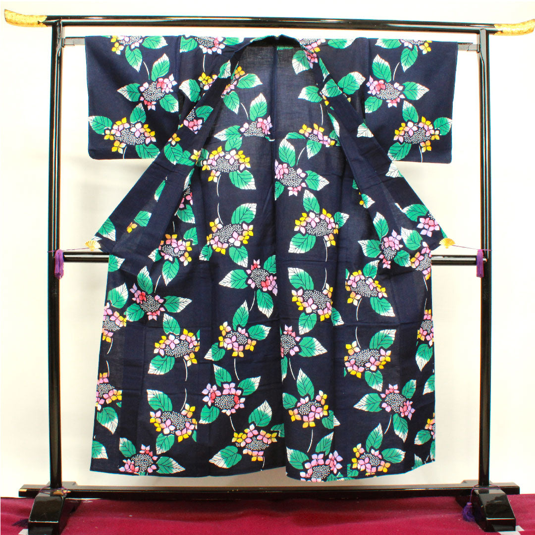 浴衣 濃紺色 紫陽花 木綿 Sランク 単衣 身丈150.5cm 裄丈64cm 紺系 1118003062118