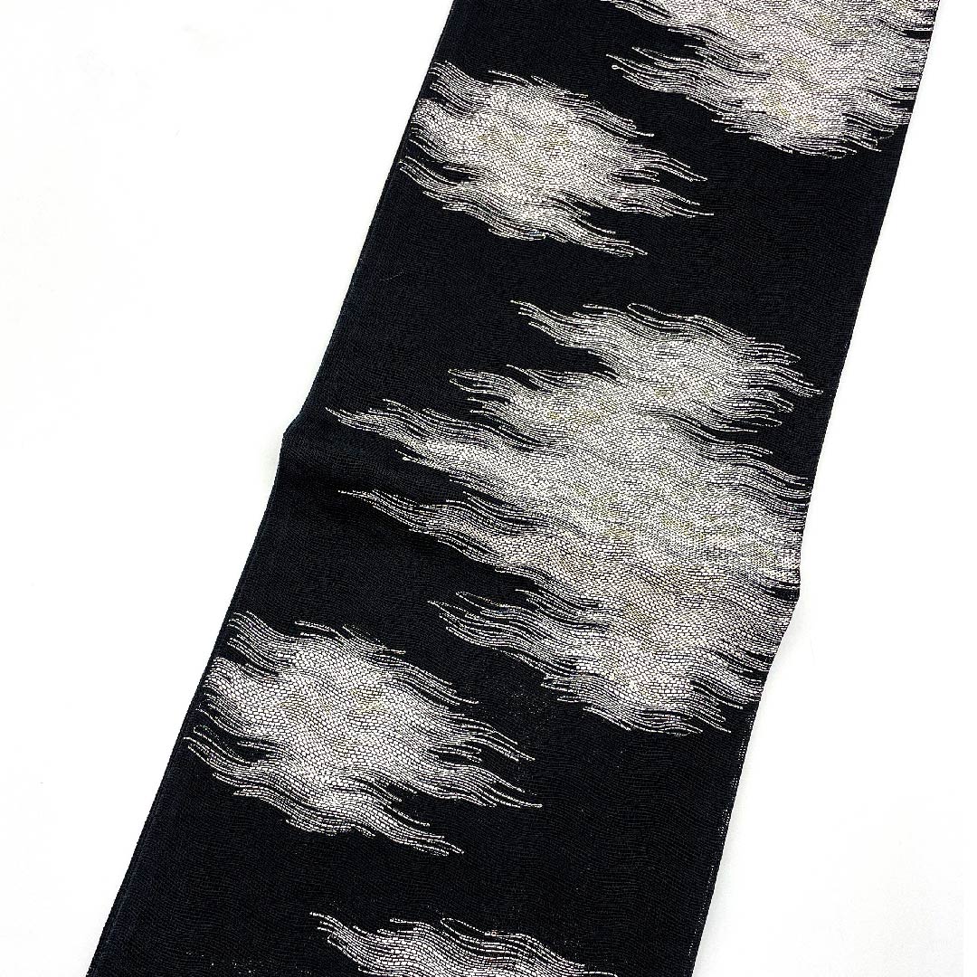 袋帯 夏帯 黒色 抽象模様 夏物 帯丈456cm ポリエステル Aランク 六通 セミフォーマル 黒系 1123008543410
