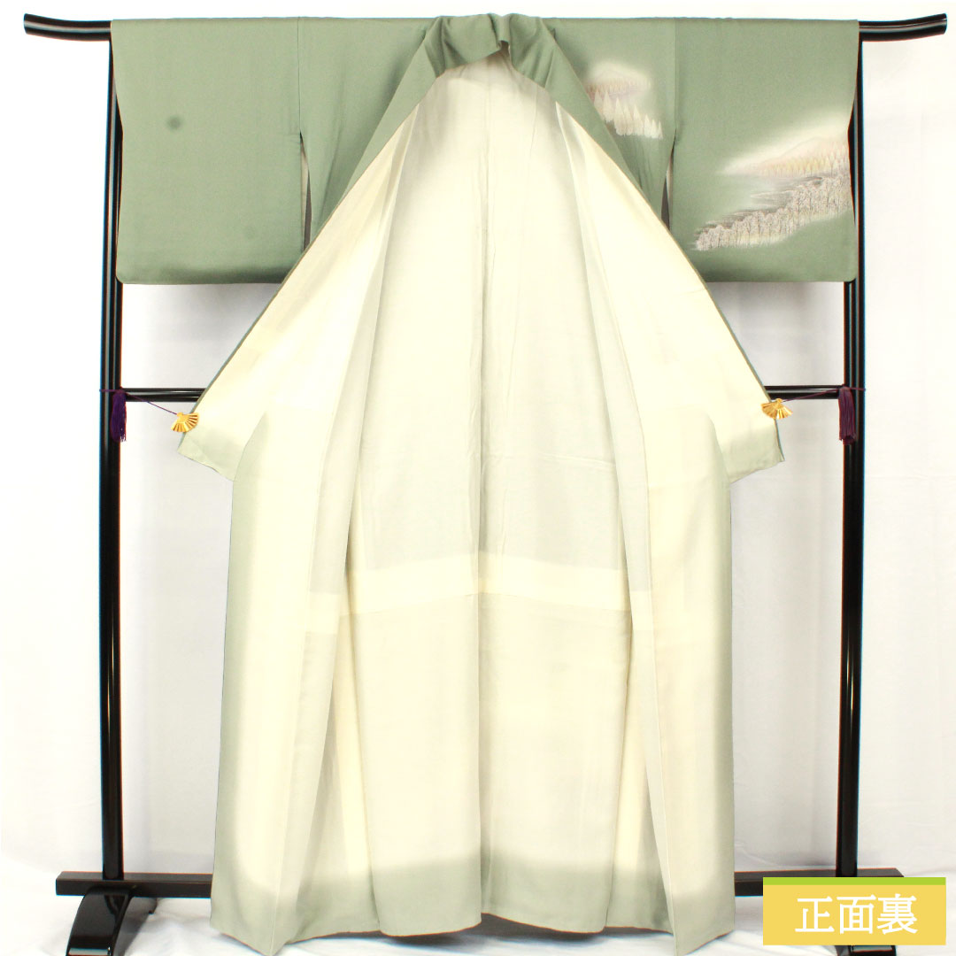 訪問着 正絹 袷 身丈162.5cm 裄丈65cm 裏葉色(うらはいろ) 風景模様 Aランク 緑系 1112005853419