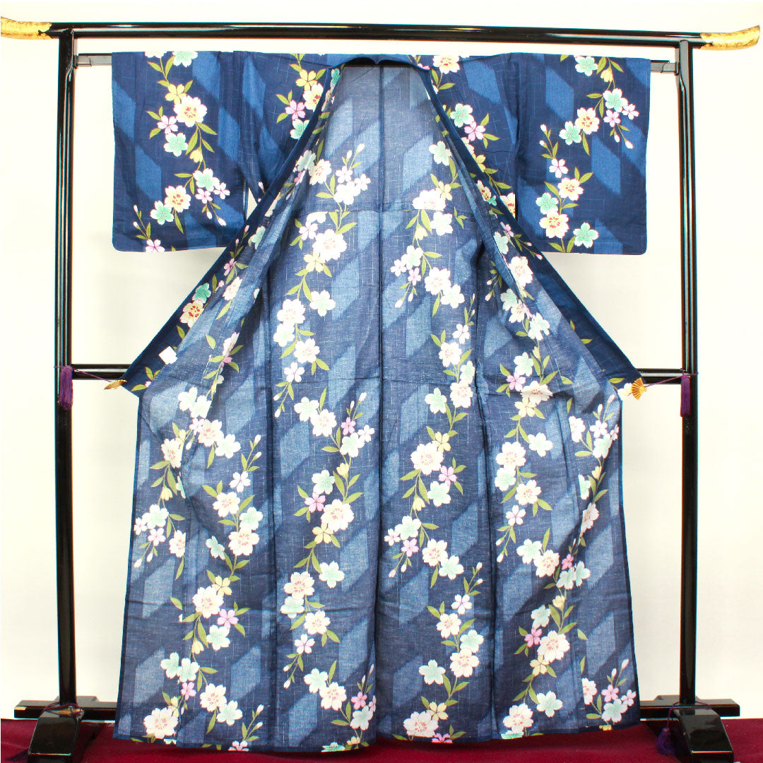 浴衣 紺瑠璃色 桜 木綿 Sランク 単衣 身丈166.5cm 裄丈65cm 紺系 1118002002518